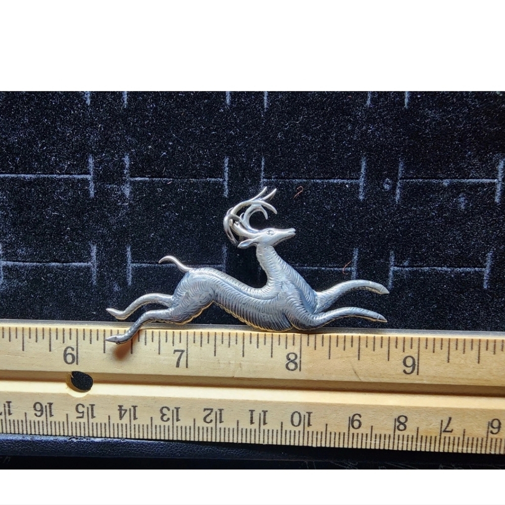 Vintage Sterling Silver Flying Deer Necklace Pendant Marked H&H/Tested+
